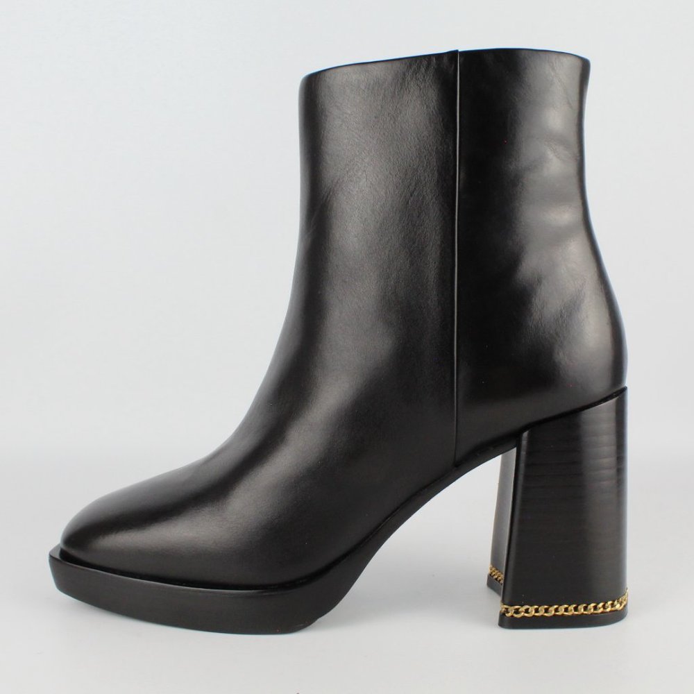 New TORY BURCH Ruby High Block Heel Chain Leather Booties, Black, US 8.5